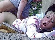 Fuckable blonde getting pussy eaten and drilled thru her greenish pantyhose