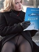 German girl in sexy black pantyhose and boots piss on the street